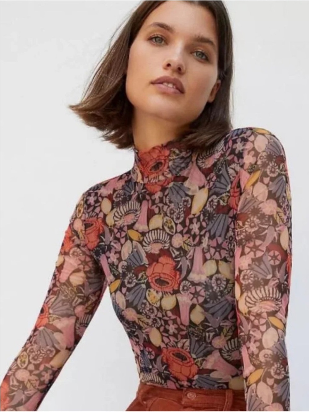 Anthropologie Floral Mesh Long-Sleeve Mock Neck Top - Size Small